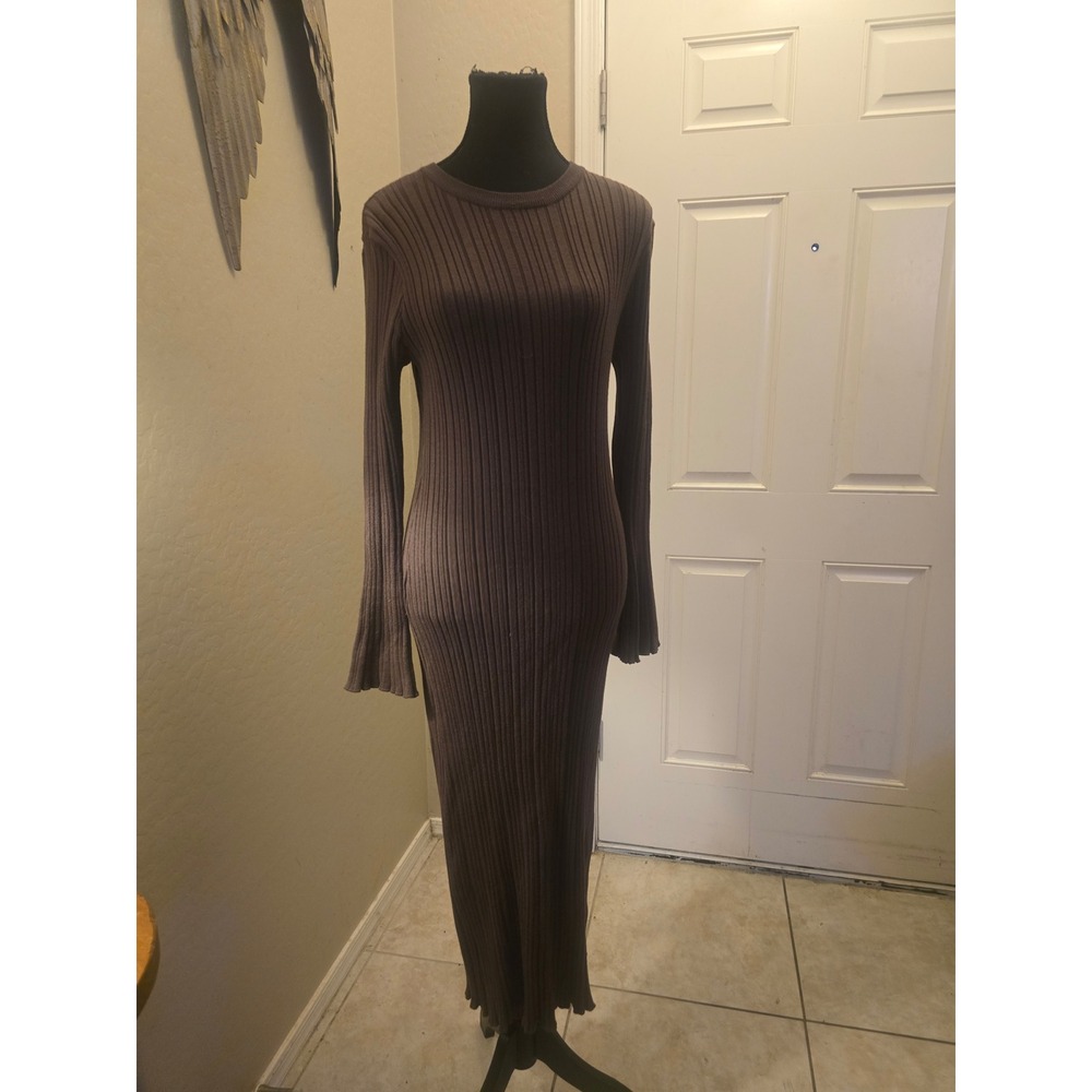 PrettyGarden Brown Ribbed Knit Maxi Dress Long Sleeve Bell Cuff Crew Neck M NEW
